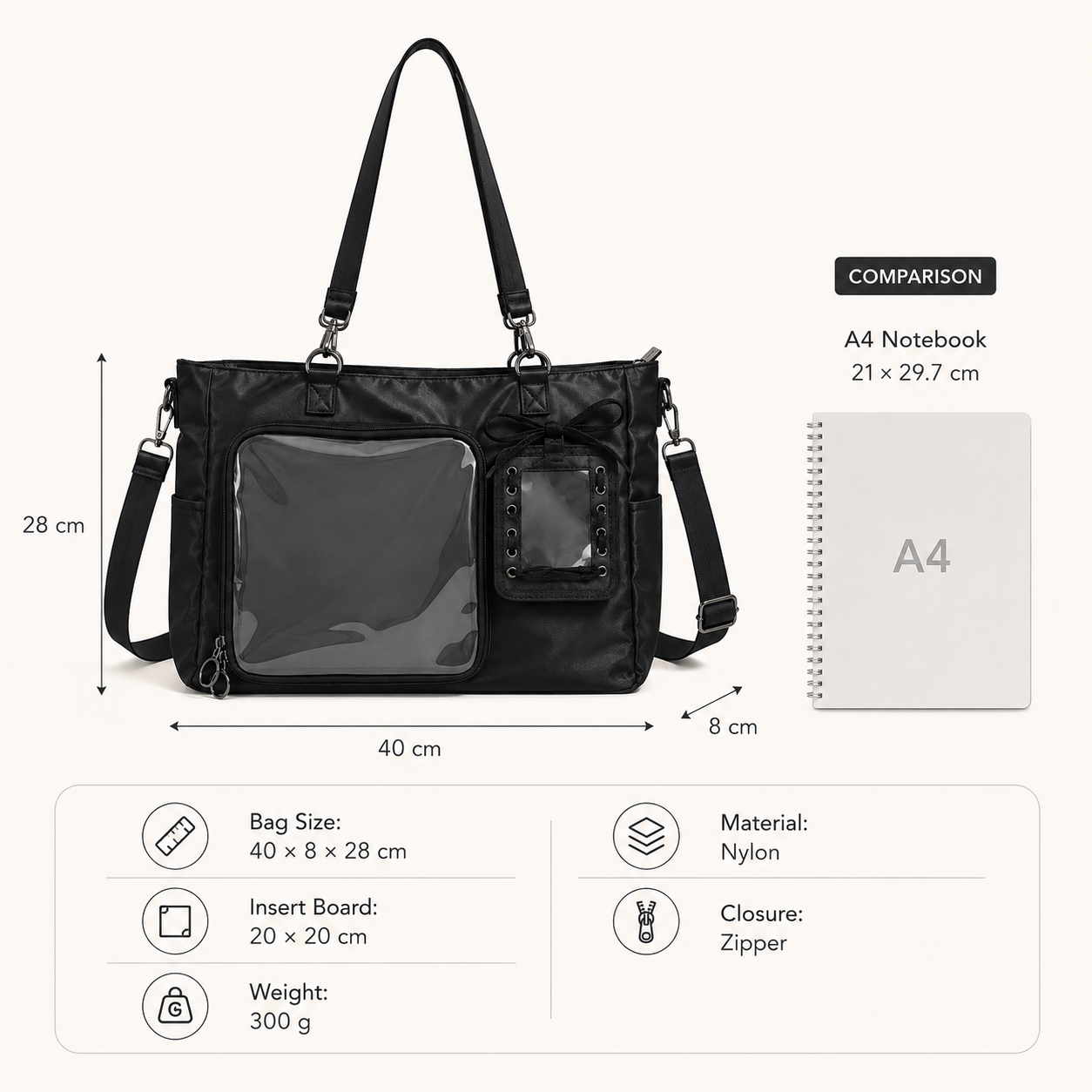 Black Nylon Clear-Pocket Ita Shoulder Bag
