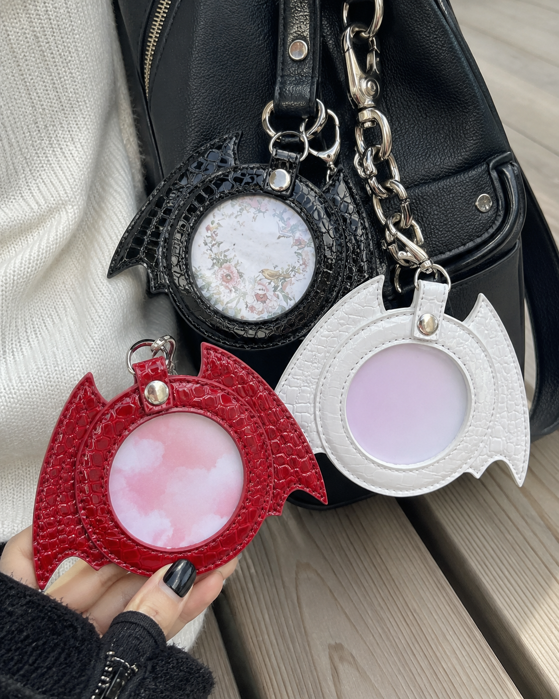 Gothic Bat Wing Badge Holder Ita Bag Charm (Black / White / Red)