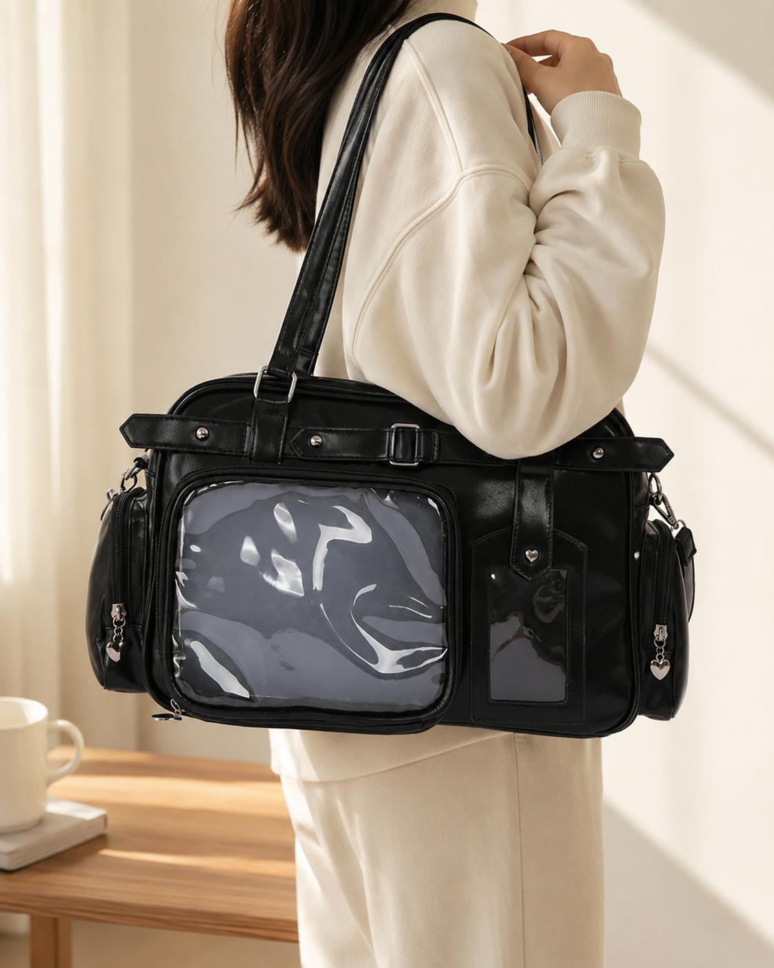 School-Style Large-Capacity Clear-Pocket Tote Bag