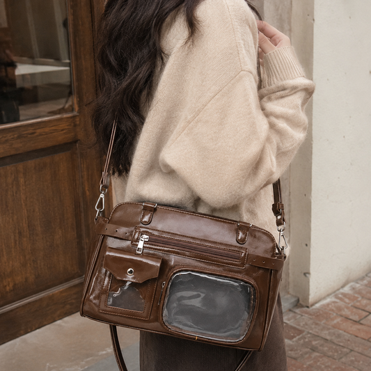 Retro Motorcycle-Style Clear-Pocket Crossbody Bag