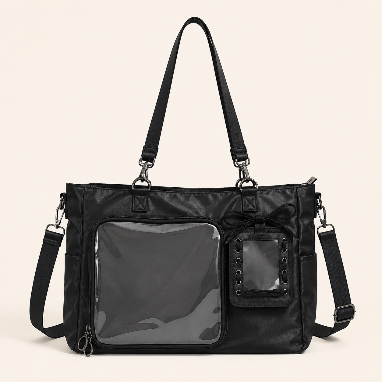 Black Nylon Clear-Pocket Ita Shoulder Bag