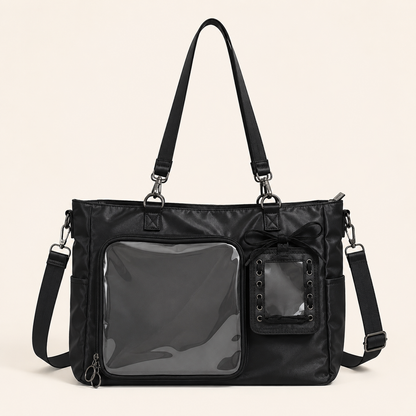 Black Nylon Clear-Pocket Ita Shoulder Bag
