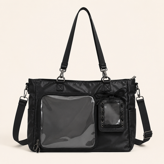 Black Nylon Clear-Pocket Ita Shoulder Bag