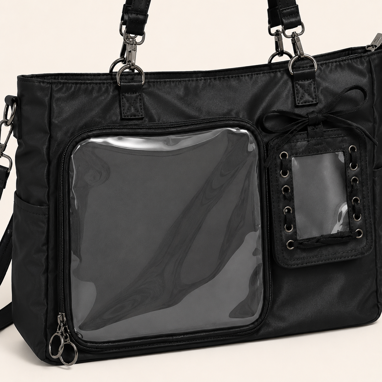 Black Nylon Clear-Pocket Ita Shoulder Bag