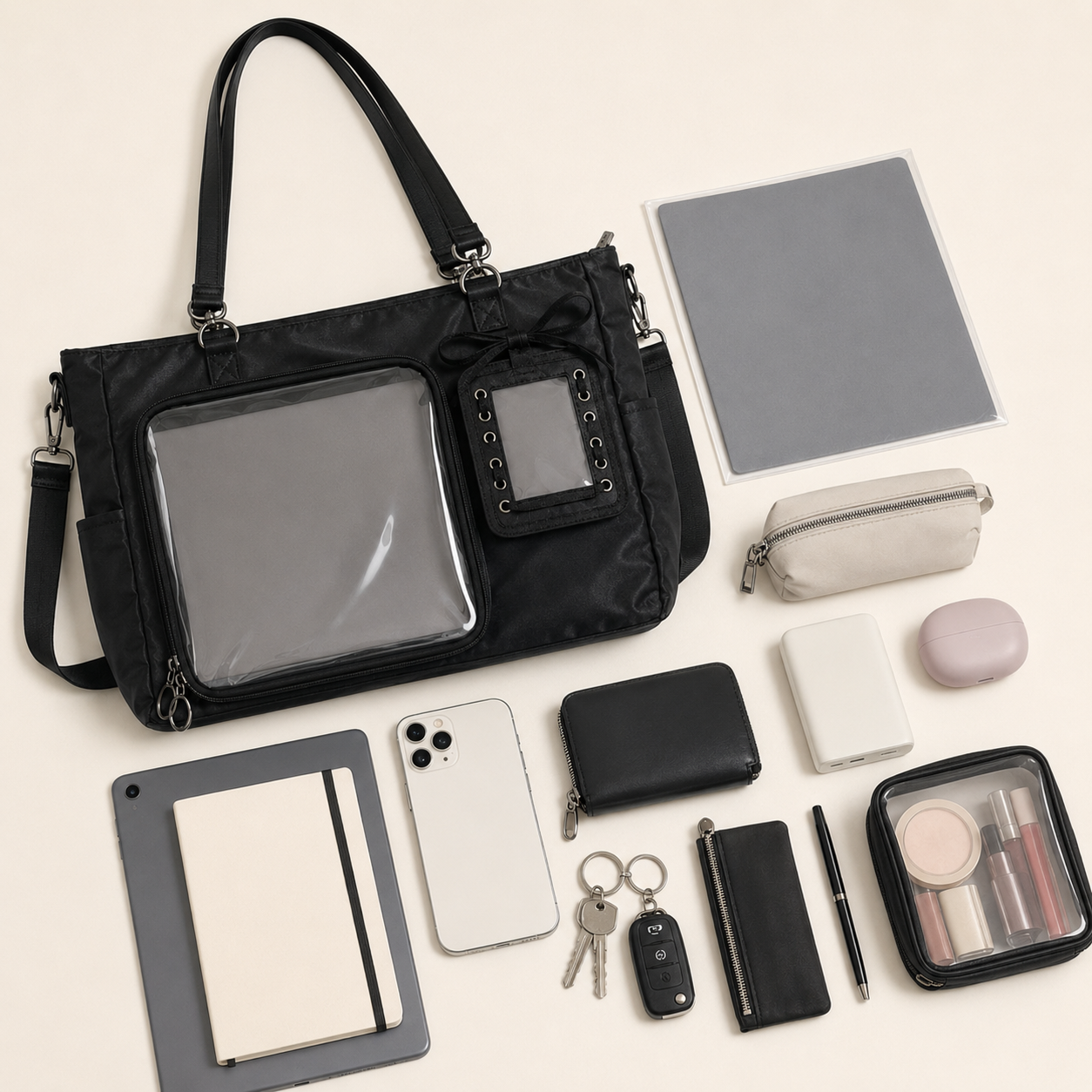 Black Nylon Clear-Pocket Ita Shoulder Bag