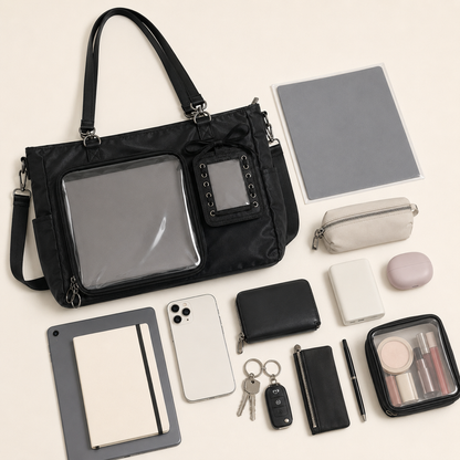 Black Nylon Clear-Pocket Ita Shoulder Bag