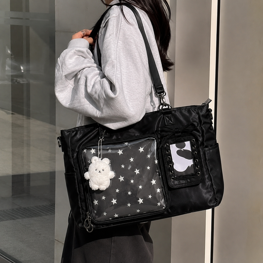 Black Nylon Clear-Pocket Ita Shoulder Bag