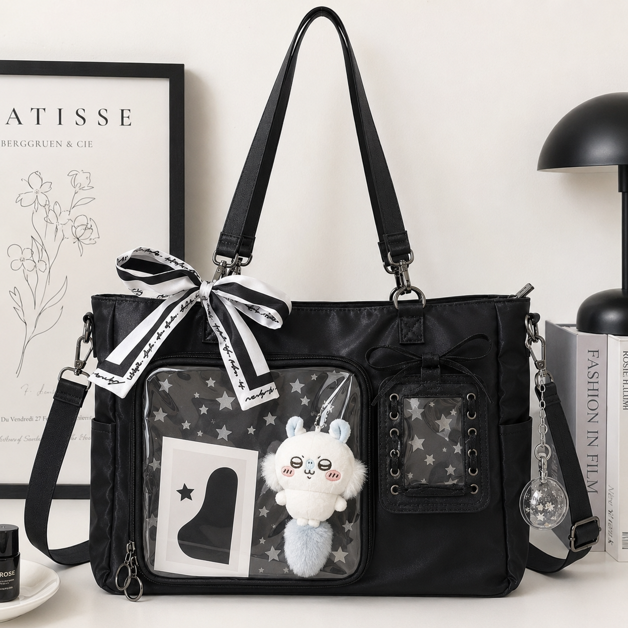 Black Nylon Clear-Pocket Ita Shoulder Bag