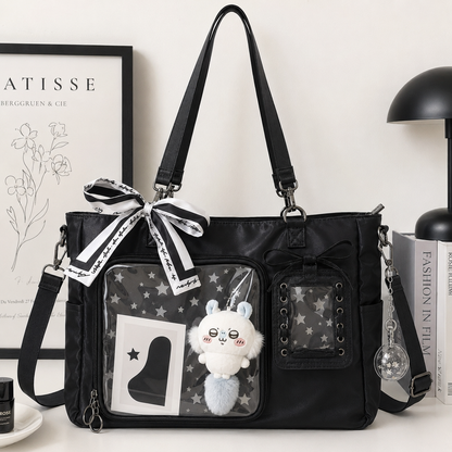 Black Nylon Clear-Pocket Ita Shoulder Bag