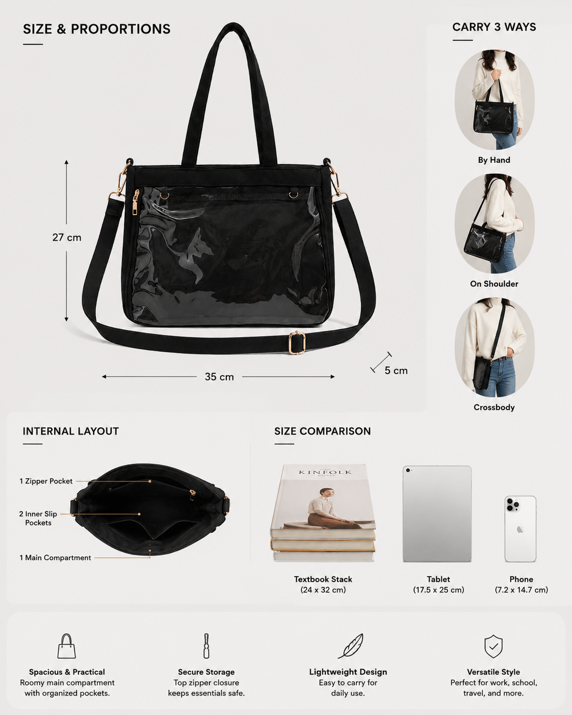 Black Ita Tote Bag with Clear Display Pocket