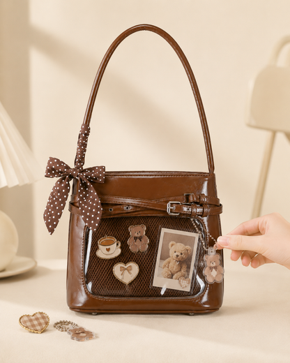 Glossy Bow Ita Shoulder Bag with Clear Display Window