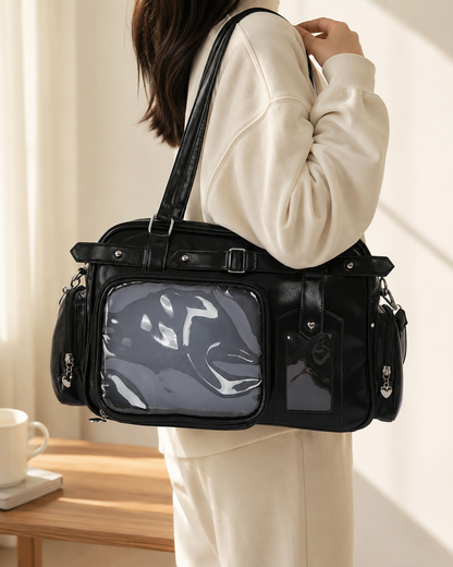 School-Style Large-Capacity Clear-Pocket Tote Bag