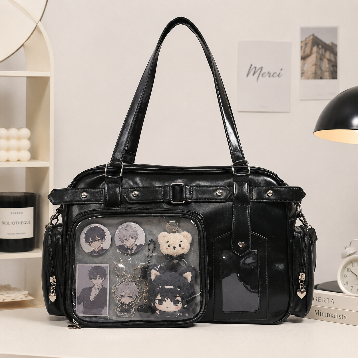 School-Style Large-Capacity Clear-Pocket Tote Bag