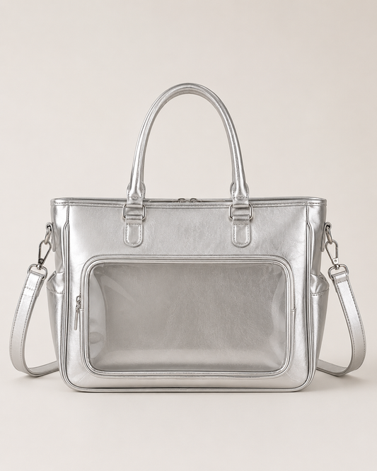 Silver Large-Capacity Clear-Pocket Shoulder Bag