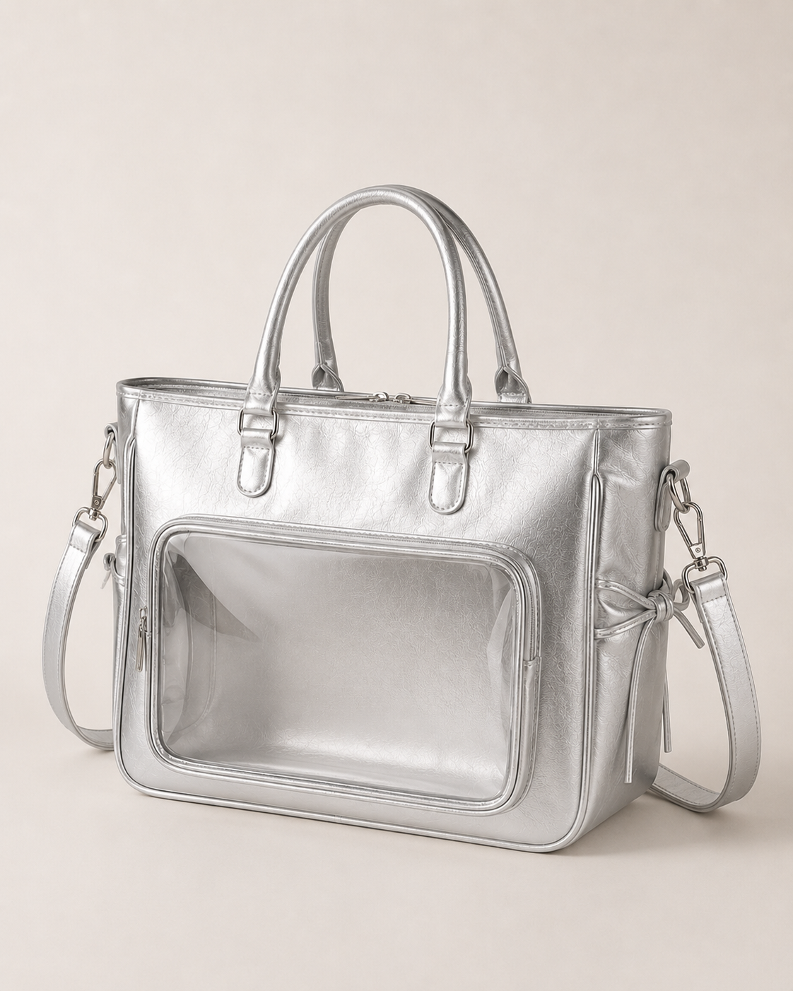 Silver Large-Capacity Clear-Pocket Shoulder Bag