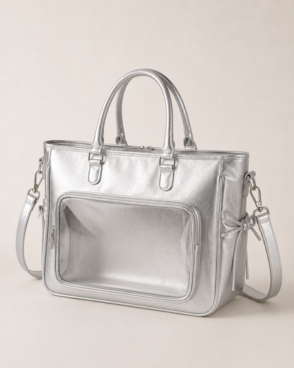 Silver Large-Capacity Clear-Pocket Shoulder Bag