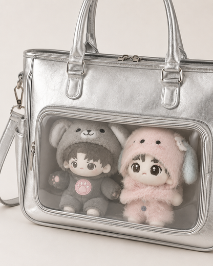 Silver Large-Capacity Clear-Pocket Shoulder Bag