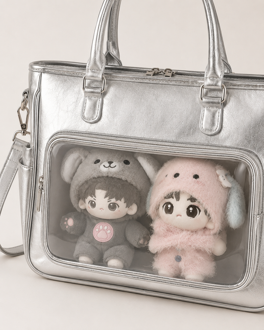Silver Large-Capacity Clear-Pocket Shoulder Bag