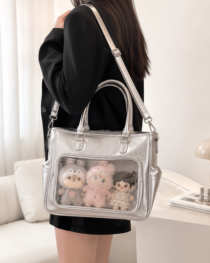 Silver Large-Capacity Clear-Pocket Shoulder Bag