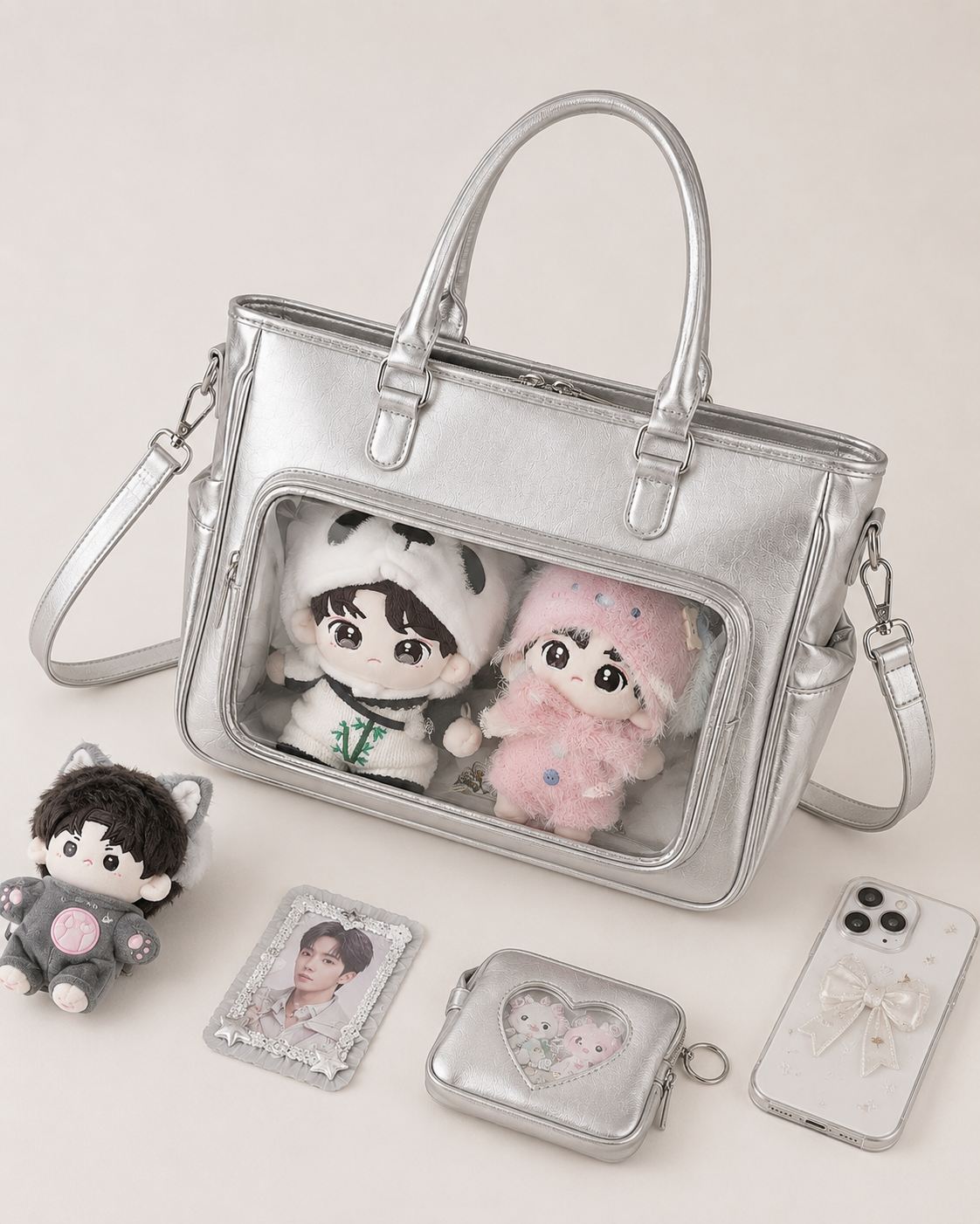 Silver Large-Capacity Clear-Pocket Shoulder Bag