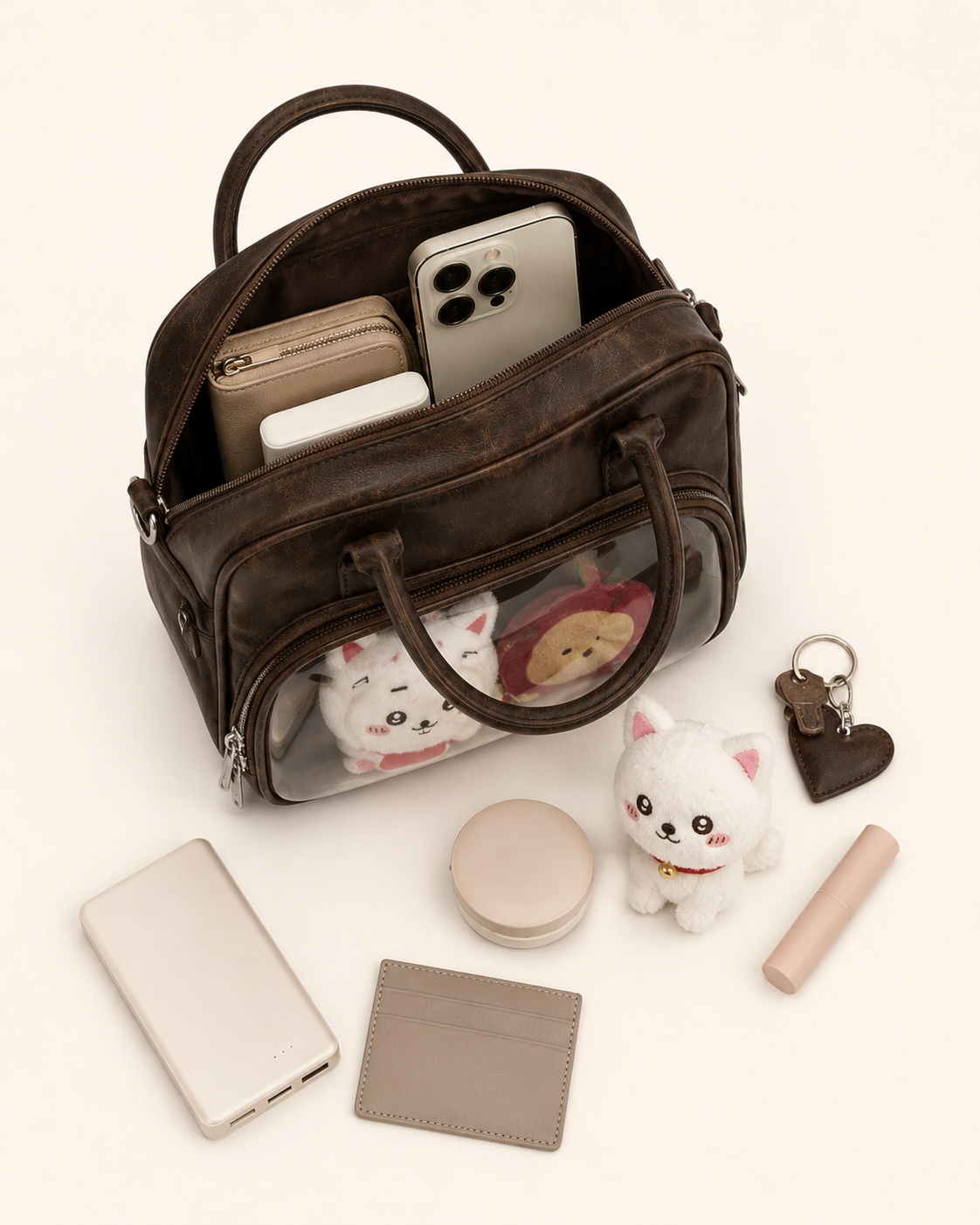 Vintage Brown Mini Ita Bag with Clear Doll Display Window
