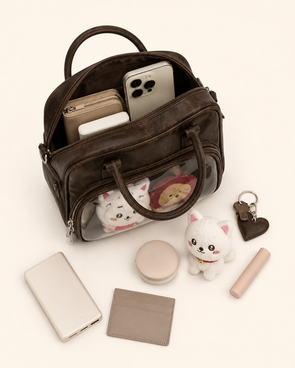 Vintage Brown Mini Ita Bag with Clear Doll Display Window
