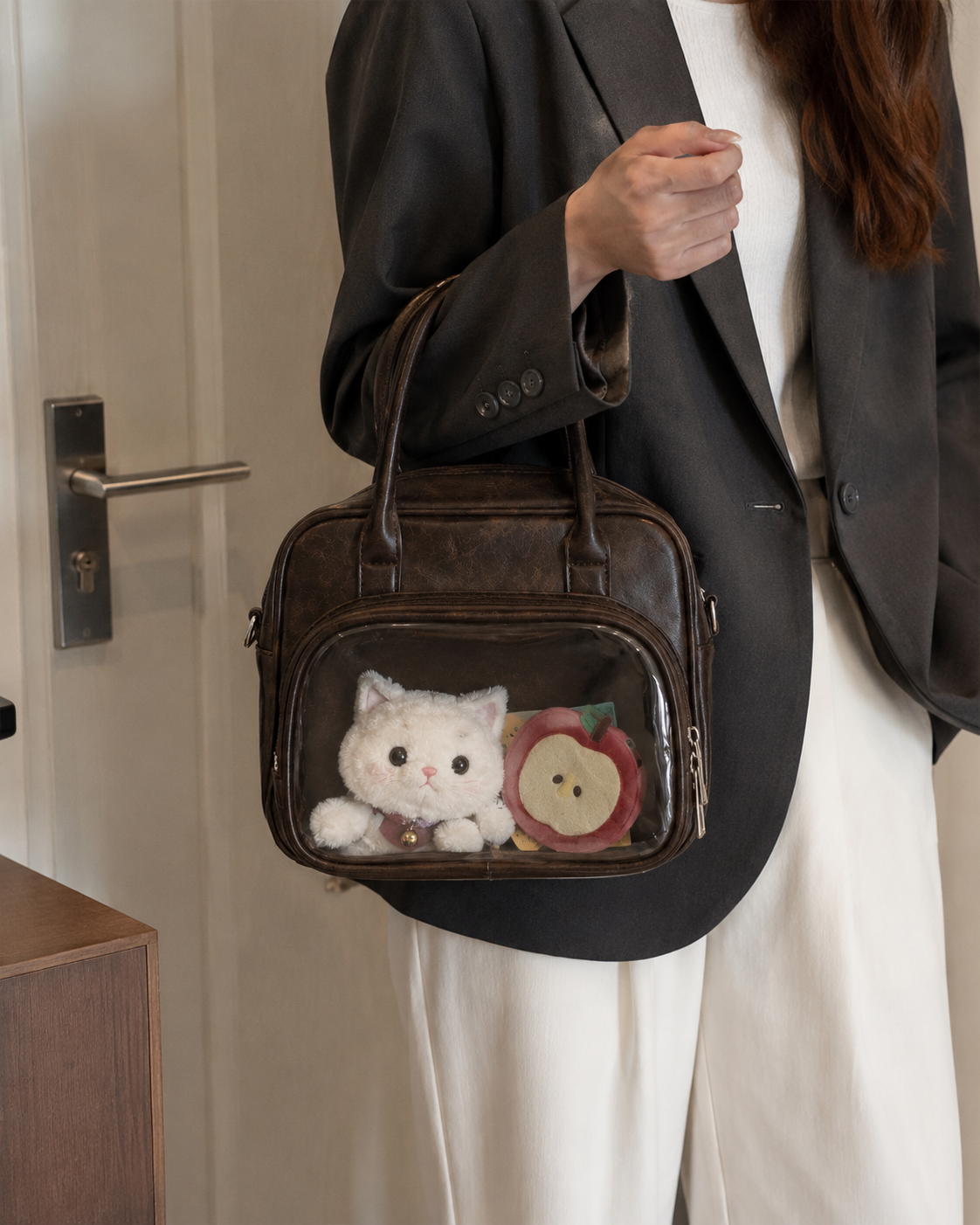 Vintage Brown Mini Ita Bag with Clear Doll Display Window