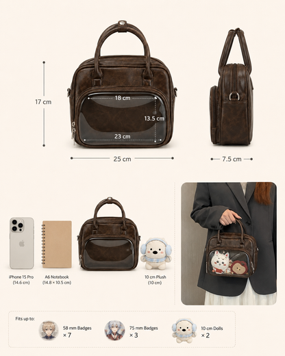 Vintage Brown Mini Ita Bag with Clear Doll Display Window