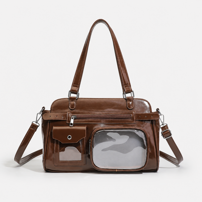 Retro Motorcycle-Style Clear-Pocket Crossbody Bag