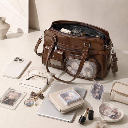 Retro Motorcycle-Style Clear-Pocket Crossbody Bag